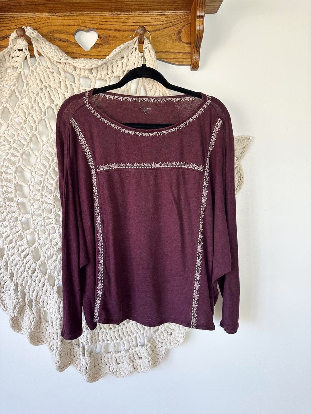 Garnet Hill Organic Linen Embroidered Purple Dolman Tee Size XL